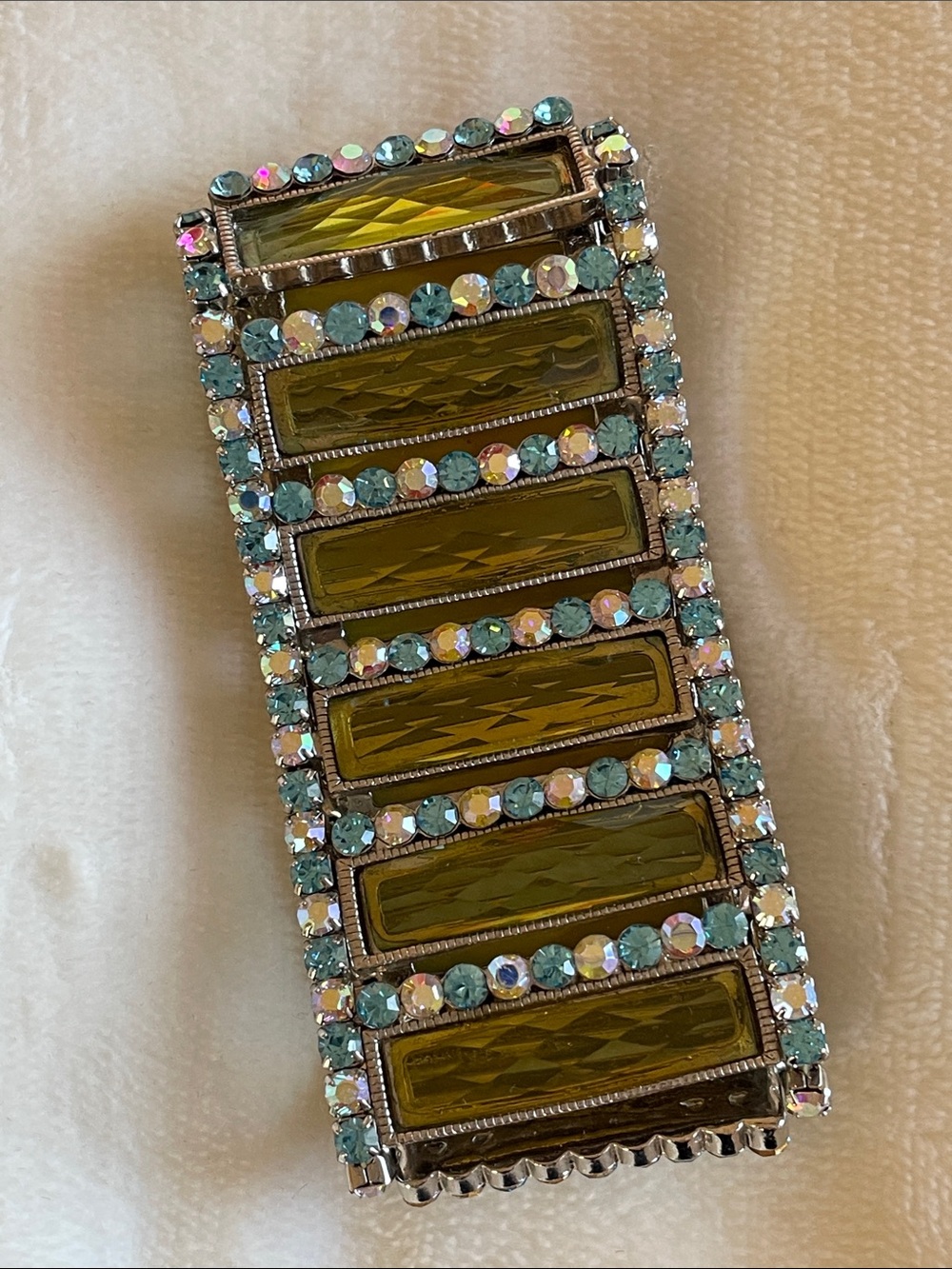 JCChina Iridescent Rhinestones Silver Wide Green Panel Stretch Bracelet Crystals - Picture 10 of 11